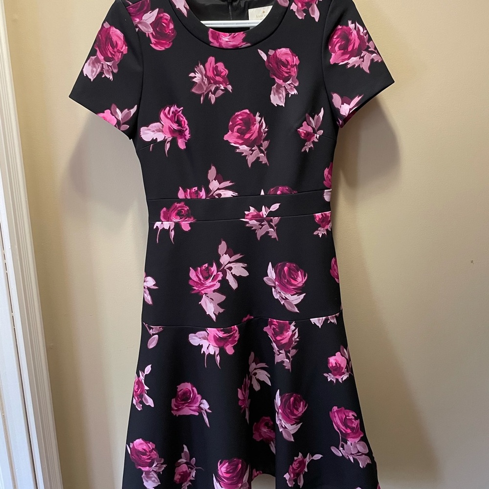 Black Floral Fit-and-Flare Dress with Pink Rose Print